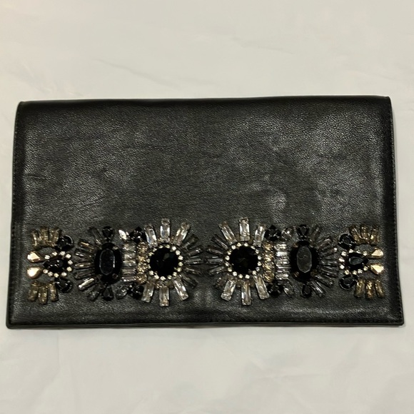 EUC Express black leather finish rhinestone fold over clutch - Picture 2 of 8